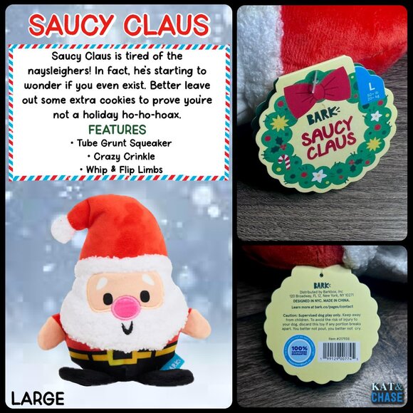 Bark Box Saucy Claus Dog Toy L Large 50+ lbs Squeak, Crinkle New Christmas - Picture 7 of 9